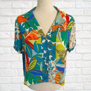 NWT Rose + Olive Floral Tropical Short Sleeve Button Down Collared Shirt Top M